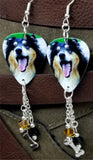 Rough Collie Dog Guitar Pick Earrings with Dog Bone Charm and Swarovski Crystal Dangles