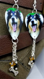 Rough Collie Dog Guitar Pick Earrings with Dog Bone Charm and Swarovski Crystal Dangles