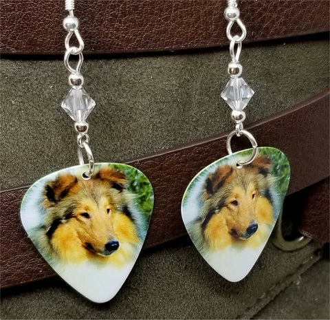 Collie Dog Guitar Pick Earrings with Clear Swarovski Crystals