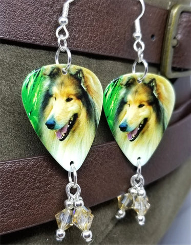 Collie Dog Guitar Pick Earrings with Silk Swarovski Crystal Dangles