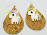 Cork with Gold Flecks Tear Drop Shaped Cork Earrings with Large Pegasus Charms