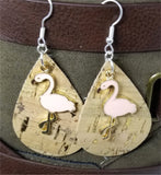 Cork with Gold Flecks Tear Drop Shaped Cork Earrings with Pink Flamingo Charms