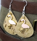 Cork with Gold Flecks Tear Drop Shaped Cork Earrings with Pink Flamingo Charms