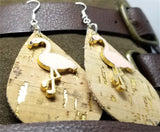 Cork with Gold Flecks Tear Drop Shaped Cork Earrings with Pink Flamingo Charms