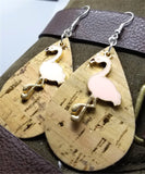 Cork with Gold Flecks Tear Drop Shaped Cork Earrings with Pink Flamingo Charms