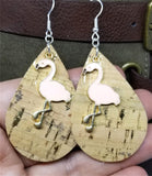 Cork with Gold Flecks Tear Drop Shaped Cork Earrings with Pink Flamingo Charms