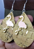 Cork with Gold Flecks Tear Drop Shaped Cork Earrings with Pink Flamingo Charms