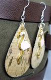 Cork with Gold Flecks Tear Drop Shaped Cork Earrings with Pink Flamingo Charms