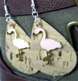 Cork with Gold Flecks Tear Drop Shaped Cork Earrings with Pink Flamingo Charms