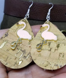 Cork with Gold Flecks Tear Drop Shaped Cork Earrings with Pink Flamingo Charms