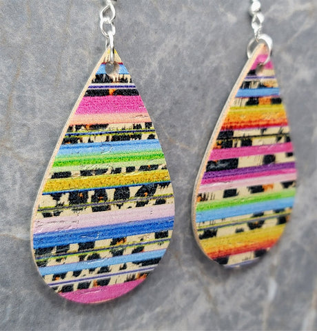 Multicolored Lines on Tear Drop Shaped Cork Earrings
