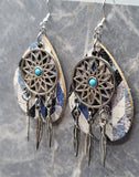 Blue, Black and White Tear Drop Shaped Cork Earrings with a Dreamcatcher and Feather Charm Overlay