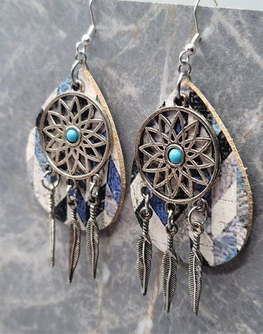 Blue, Black and White Tear Drop Shaped Cork Earrings with a Dreamcatcher and Feather Charm Overlay