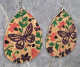 Butterflies and Flowers Large Water Drop Shaped Cork Earrings