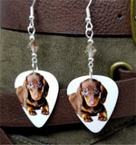 Dachshund Puppy Guitar Pick Earrings with Copper Swarovski Crystals