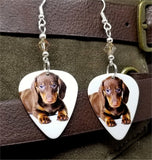 Dachshund Puppy Guitar Pick Earrings with Copper Swarovski Crystals