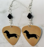 Dachshund Silhouette Guitar Pick Earrings with Black Swarovski Crystals