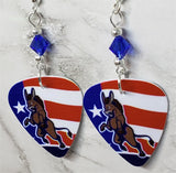 Angry Democrat Symbol Donkey Guitar Pick Earrings with Blue Swarovski Crystals