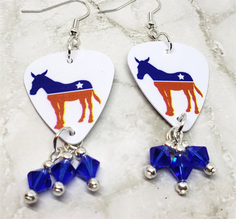 Democratic Symbol Donkey Guitar Pick Earrings with Blue Swarovski Crystal Dangles