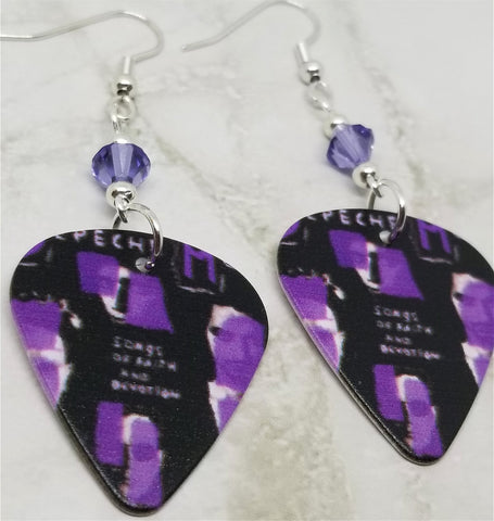 Depeche Mode Songs of Faith and Devotion Guitar Pick Earrings with Purple Swarovski Crystals