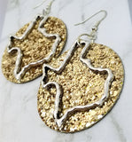 Gold Glitter Very Sparkly Double Sided FAUX Leather Circle Earrings with Large Texas Charm Overlays