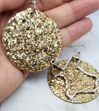 Gold Glitter Very Sparkly Double Sided FAUX Leather Circle Earrings with Large Texas Charm Overlays