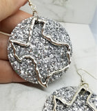 Silver Glitter Very Sparkly Double Sided FAUX Leather Circle Earrings with Large Texas Charm Overlays