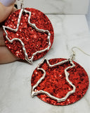 Red Glitter Very Sparkly Double Sided FAUX Leather Circle Earrings with Large Texas Charm Overlays