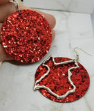 Red Glitter Very Sparkly Double Sided FAUX Leather Circle Earrings with Large Texas Charm Overlays