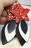 Red Glitter Very Sparkly Double Sided FAUX Leather Star Earrings with Black and White Layered Faux Leather Dangles