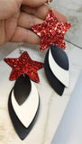 Red Glitter Very Sparkly Double Sided FAUX Leather Star Earrings with Black and White Layered Faux Leather Dangles