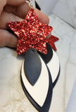 Red Glitter Very Sparkly Double Sided FAUX Leather Star Earrings with Black and White Layered Faux Leather Dangles