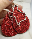 Red Glitter Very Sparkly Double Sided FAUX Leather Teardrop Earrings with Large Texas Charm Overlays