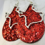 Red Glitter Very Sparkly Double Sided FAUX Leather Teardrop Earrings with Large Texas Charm Overlays