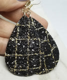 Black Glitter with Gold Outline Brick Pattern Very Sparkly Double Sided FAUX Leather Teardrop Earrings