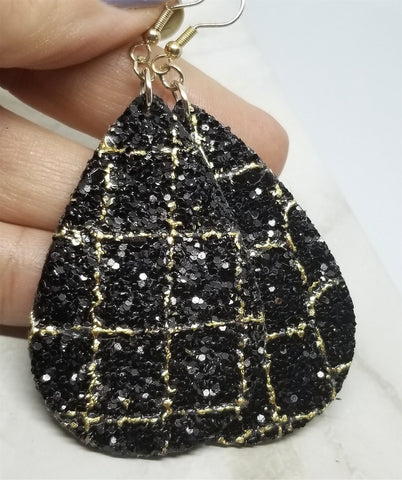 Black Glitter with Gold Outline Brick Pattern Very Sparkly Double Sided FAUX Leather Teardrop Earrings