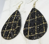 Black Glitter with Gold Outline Brick Pattern Very Sparkly Double Sided FAUX Leather Teardrop Earrings