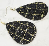 Black Glitter with Gold Outline Brick Pattern Very Sparkly Double Sided FAUX Leather Teardrop Earrings