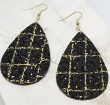 Black Glitter with Gold Outline Brick Pattern Very Sparkly Double Sided FAUX Leather Teardrop Earrings