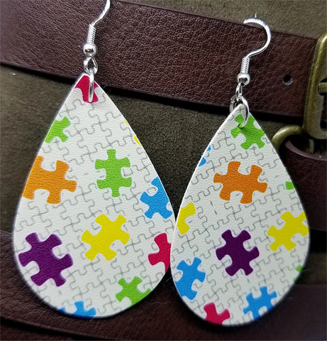 Autism Awareness Puzzle Pieces Tear Drop Shaped FAUX Leather Earrings