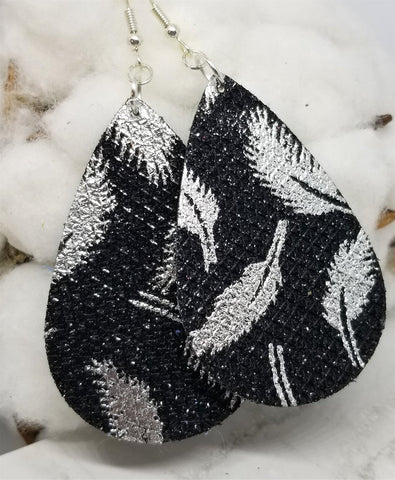 CLEARANCE Black Glittering FAUX Leather Teardrop Earrings with Silver Metallic Feathers Printed On Them