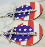 Red and White Striped FAUX Leather Earrings and a Blue with White Stars FAUX Leather and Silver Metal Cross Charm Overlay