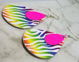Rainbow Tiger Stripes Tear Drop Shaped FAUX Leather Earrings with Hot Pink Embellishment