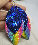 Deep Blue Glitter Faux Leather Over Rainbow Colored Glitter Faux Leather Earrings