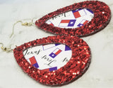 Red Glitter Framed Texas Themed FAUX Leather Teardrop Earrings
