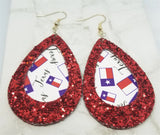 Red Glitter Framed Texas Themed FAUX Leather Teardrop Earrings