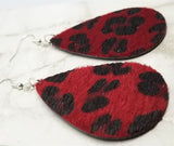 Red and Black Leopard Print Hair on Hide FAUX Leather Teardrop Earrings