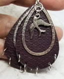 Chocolate Brown FAUX Leather Textured Earrings with Songbird Charm Overlays and Metal Hoop Fringe