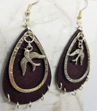 Chocolate Brown FAUX Leather Textured Earrings with Songbird Charm Overlays and Metal Hoop Fringe