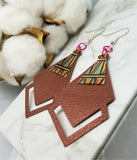 Copper Colored FAUX Leather Diamond Shaped Earrings with Southwestern Geometric Metal Overlay